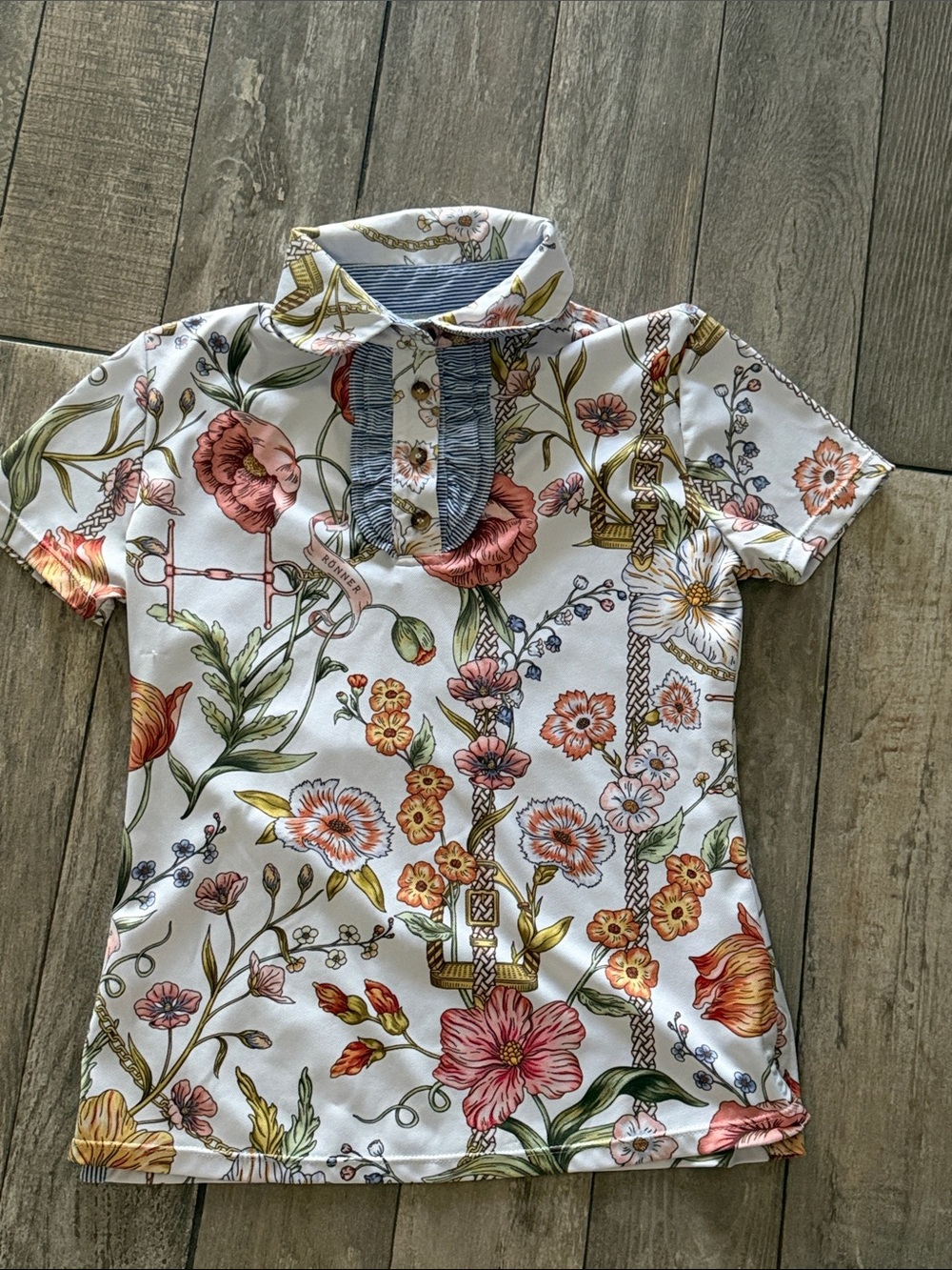 Ronner Sport Floral Short-Sleeve Polo Top - White with Pink & Green Floral Print